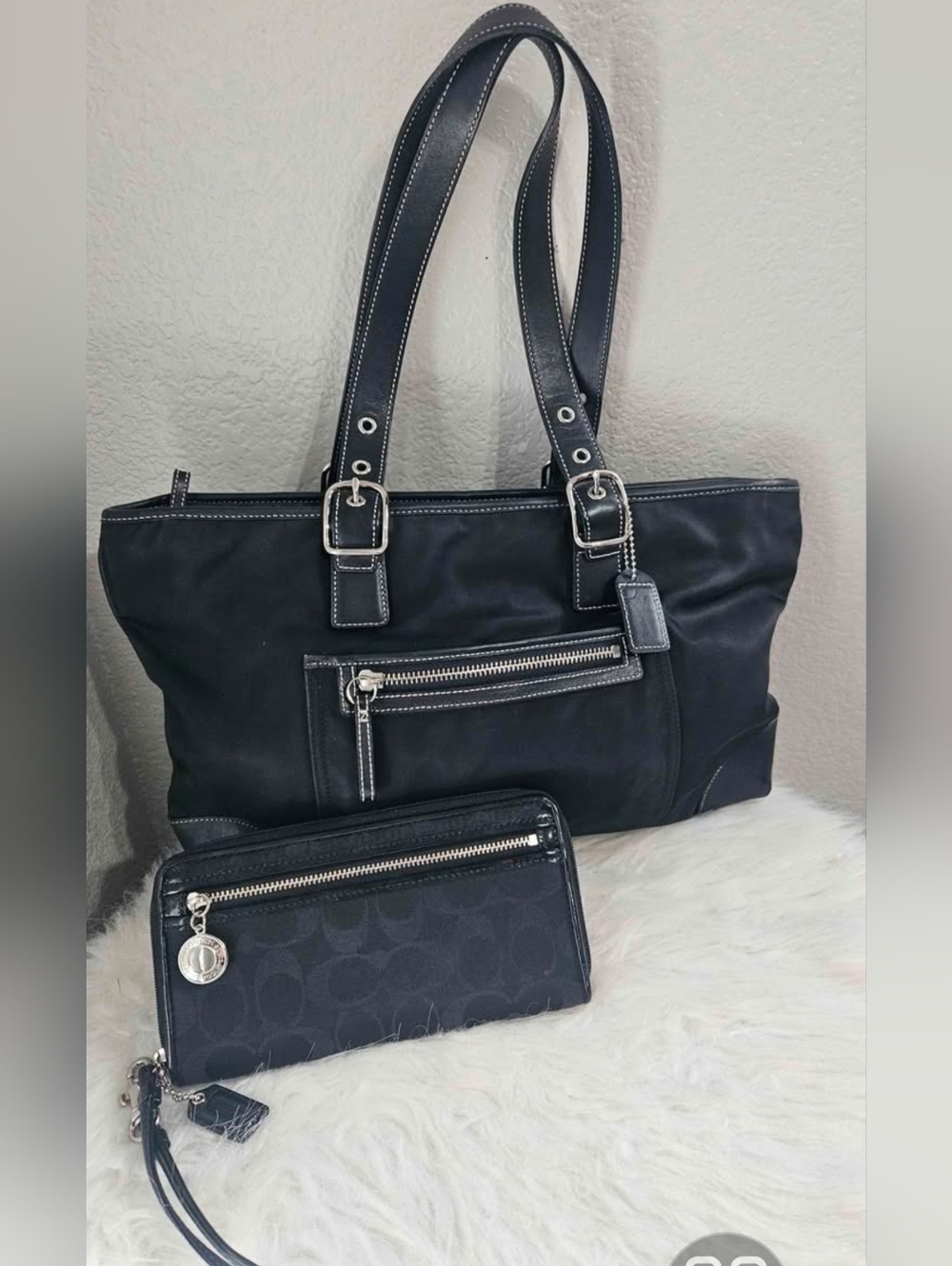 Coach Black Leather Tote with Matching Black Signature Wallet